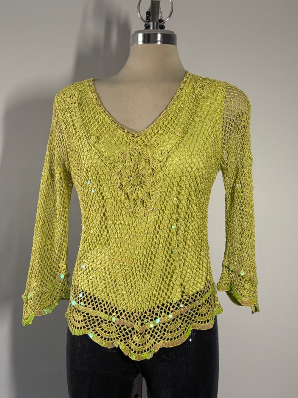 Women's Lime Crochet V-Neck Sequin Accent Blouse